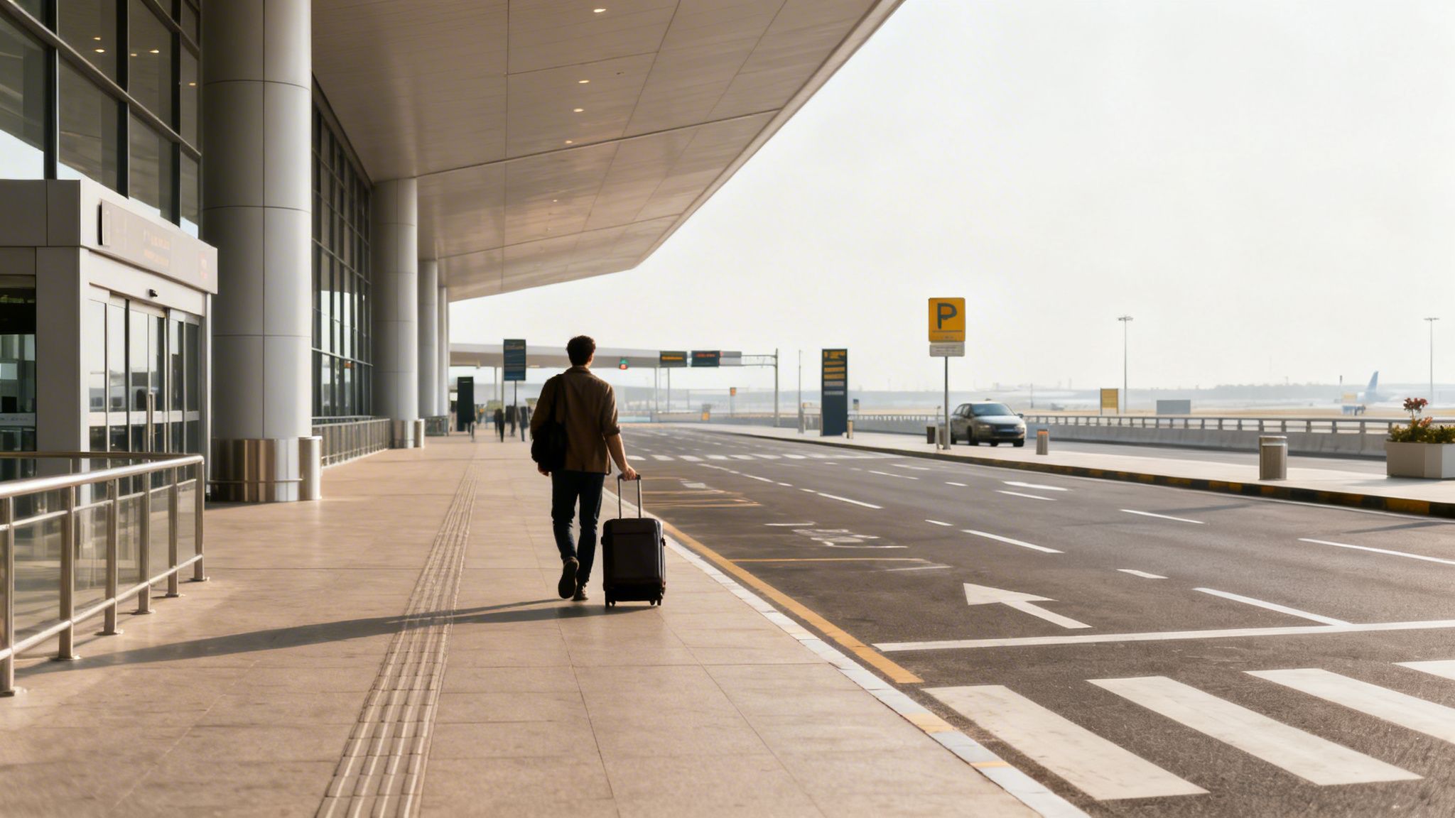 A traveler pulls a suitcase on a paved walkway outside a modern airport terminal.