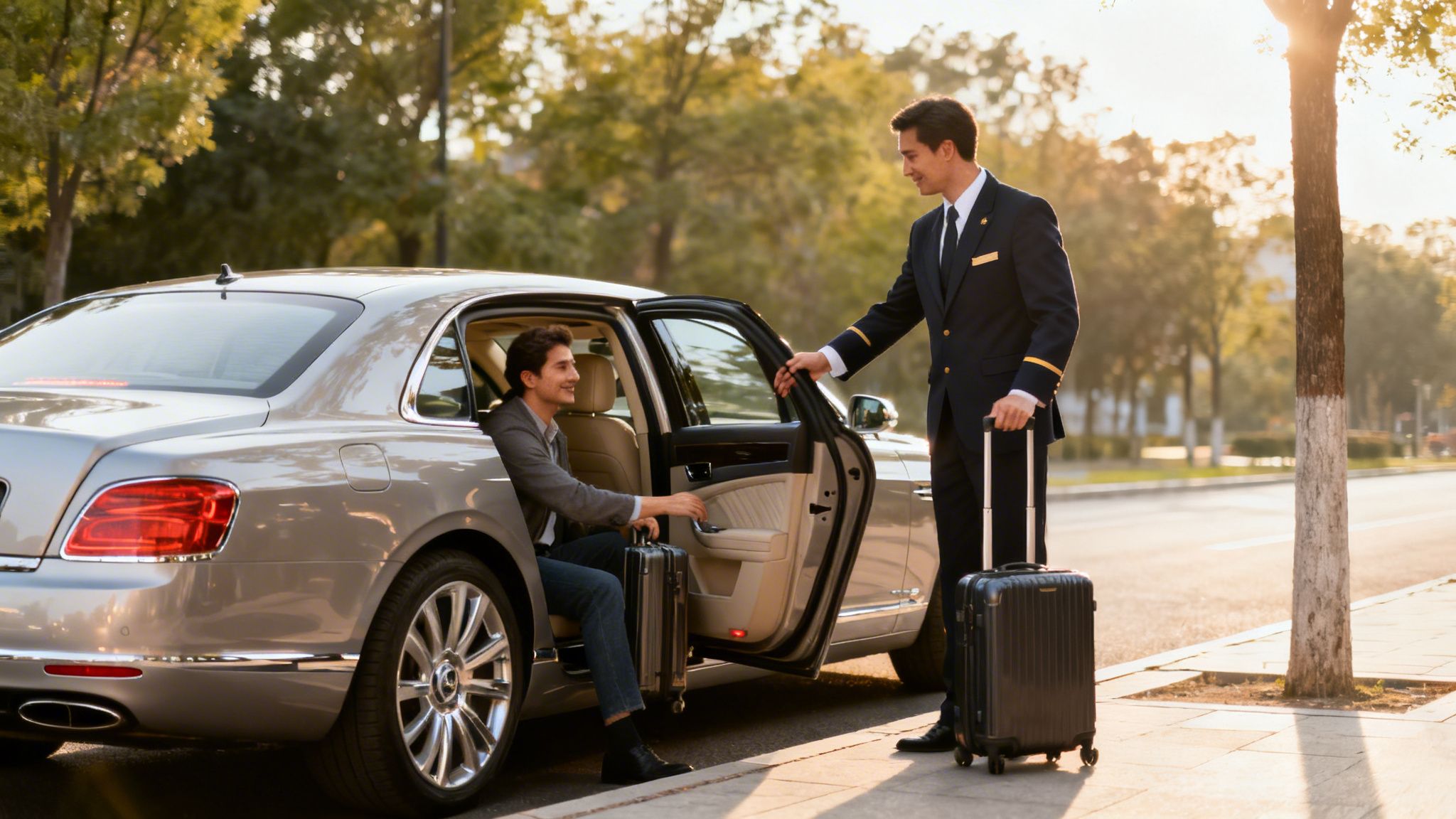 A professional chauffeur in uniform assists a man with luggage, opening a luxury car door.