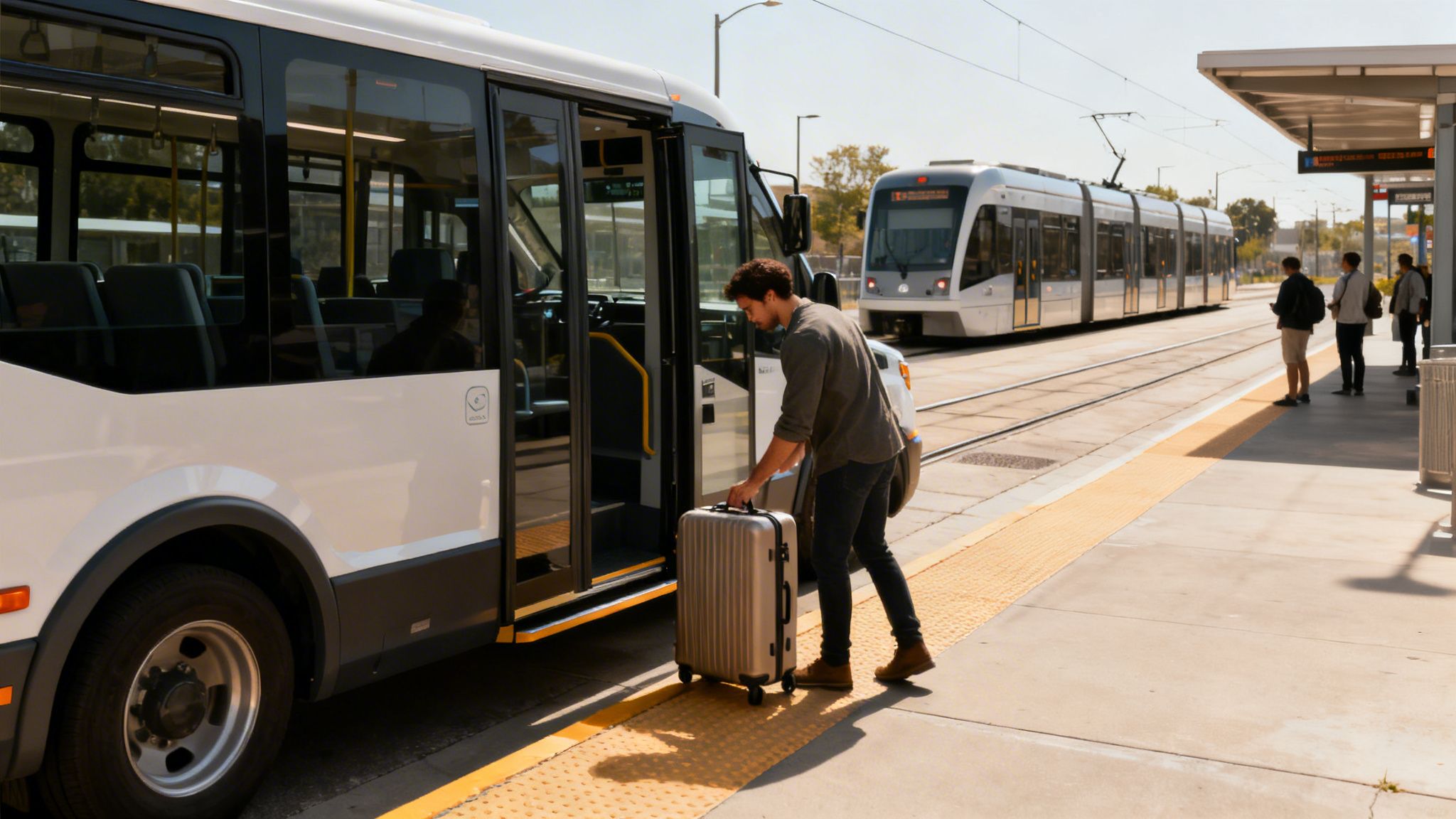 A man loads a silver suitcase onto a white bus at a public transit stop, with a light rail train in the background.