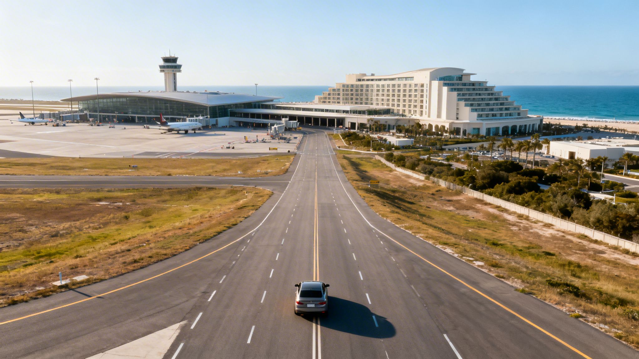 Aerial view of a coastal airport with planes, a control tower, and a large resort hotel.