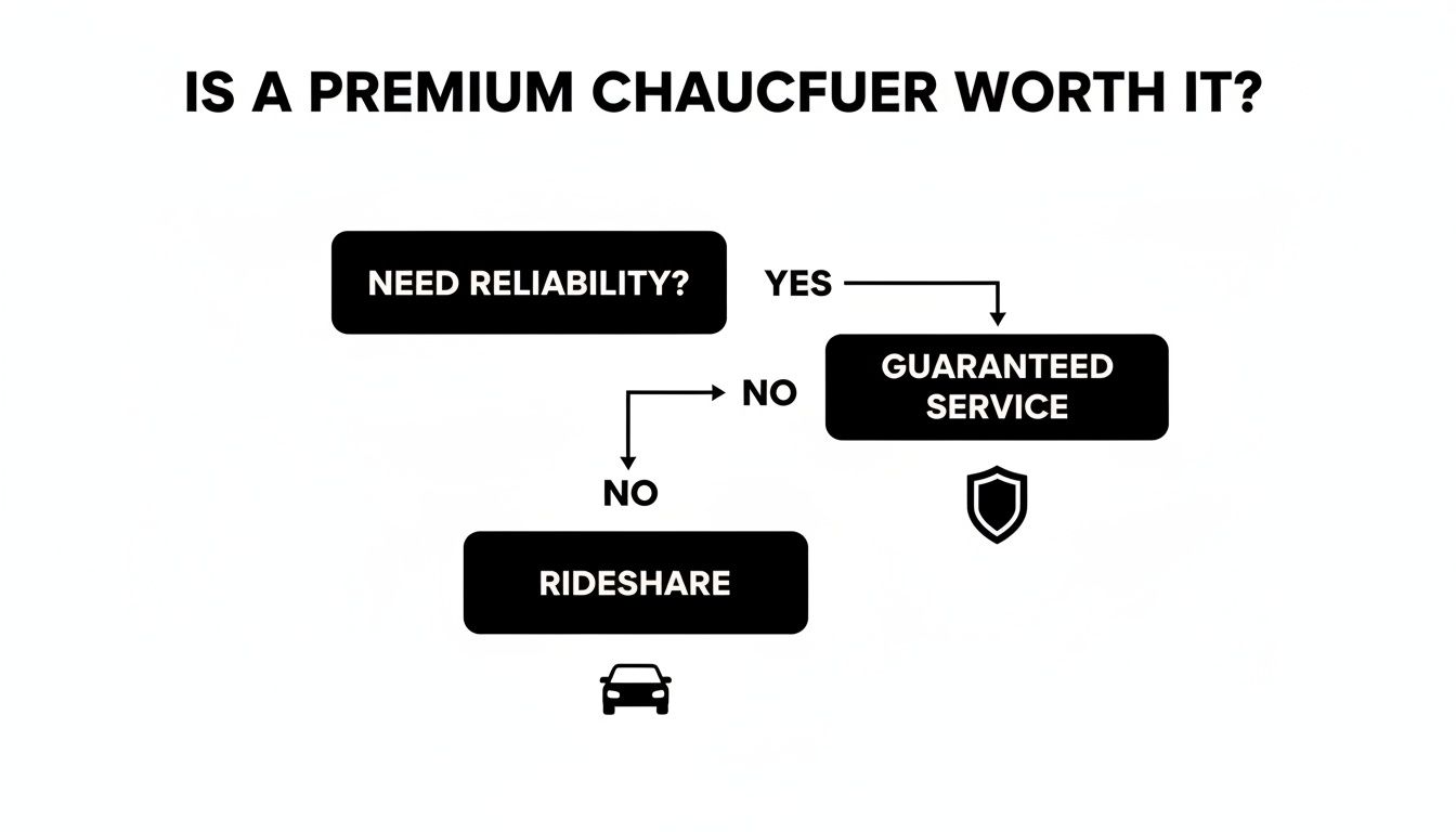How Much Is a Personal Chauffeur in 2026? Your Pricing Guide 3 Rides On Time Flowchart analyzing if a premium chauffeur is worth it based on reliability needs, comparing guaranteed service with rideshare.