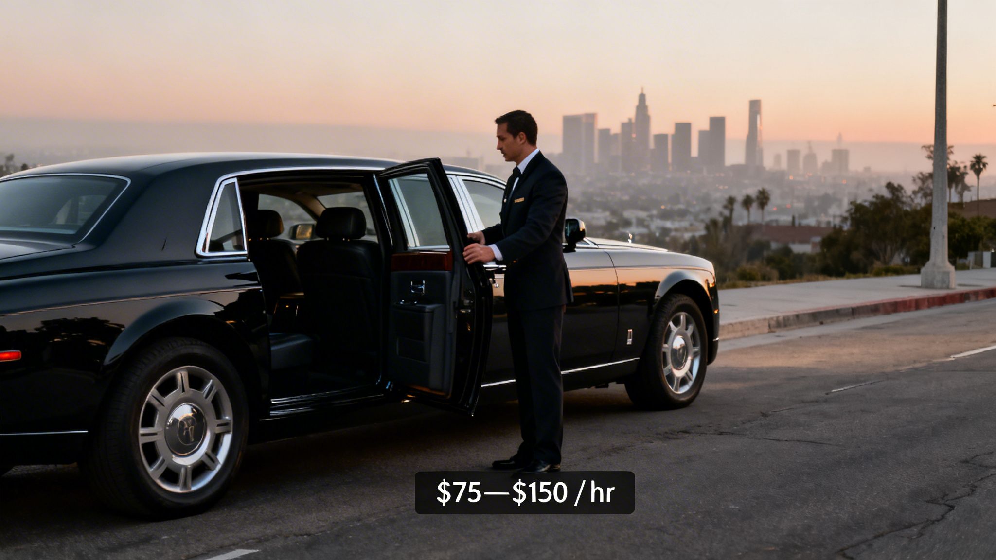 How Much Is a Personal Chauffeur in 2026? Your Pricing Guide 1 Rides On Time A chauffeur opens the door of a luxurious black car against a city skyline, advertising service costs.