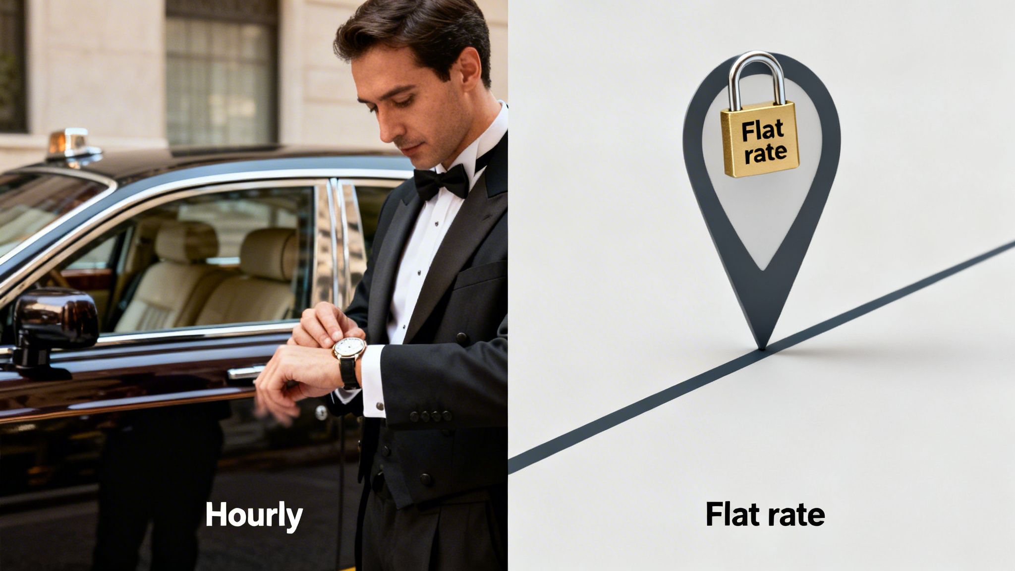 How Much Is a Personal Chauffeur in 2026? Your Pricing Guide 2 Rides On Time A man in a tuxedo checks his watch, representing hourly service, contrasted with a flat rate padlock icon.