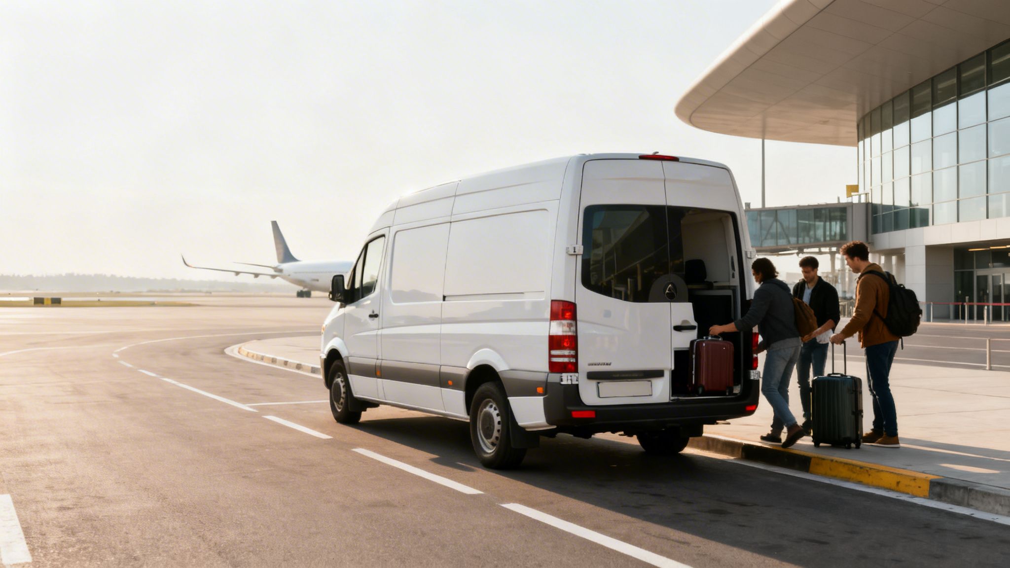 Three men load luggage into a white shuttle van at an airport with an airplane in background.