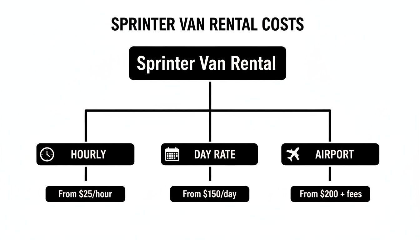 Flowchart detailing Sprinter van rental costs, including hourly, day rate, and airport options with pricing.