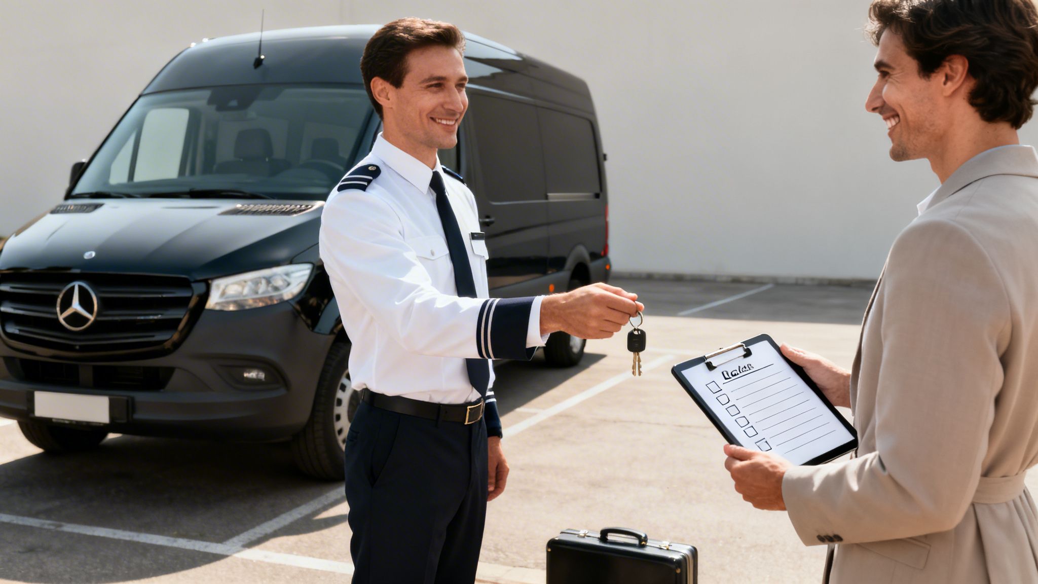 A smiling man in a pilot uniform hands car keys to another man holding a checklist, with a black Mercedes-Benz Sprinter van in the background.
