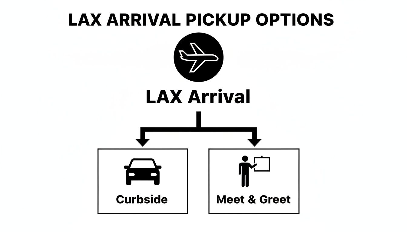 Your Ultimate Guide to LAX Black Car Service 2 Rides On Time Flowchart illustrating LAX airport arrival pickup choices: Curbside with a car or Meet & Greet service.