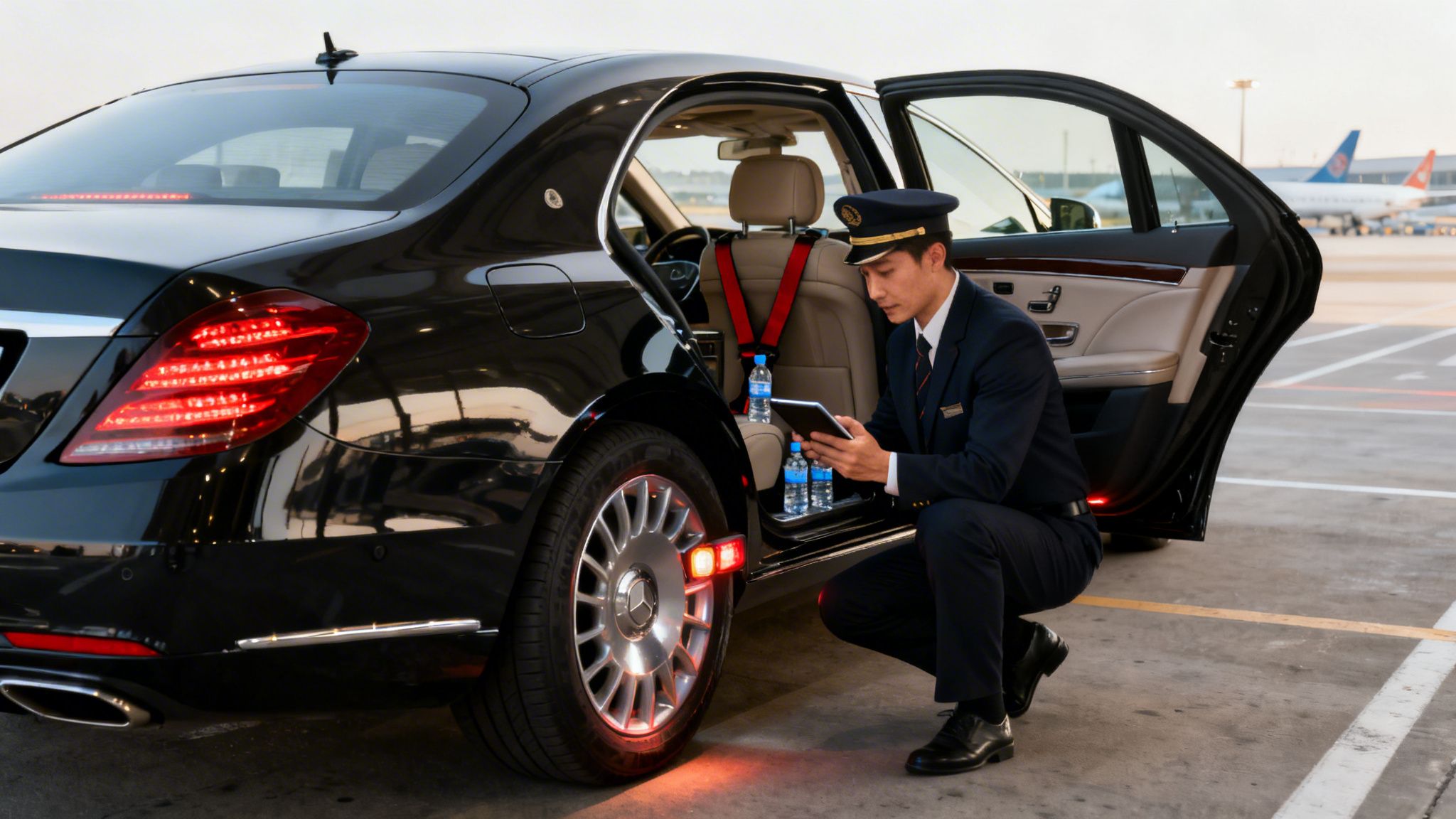 Your Ultimate Guide to LAX Black Car Service 3 Rides On Time A uniformed chauffeur reviews a tablet next to a black luxury car with an open door at an airport.