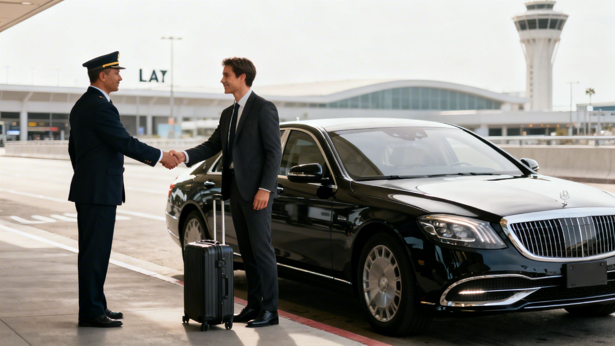 Your Ultimate Guide to LAX Black Car Service 1 Rides On Time A business man shakes hands with a chauffeur next to a black luxury car at an airport terminal.
