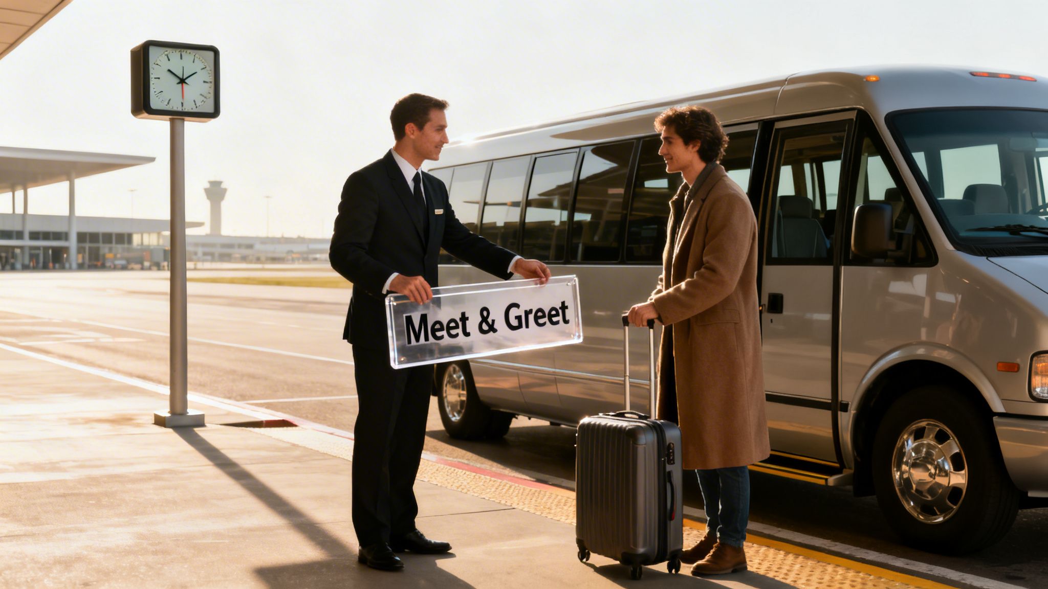A professional driver holding a "Meet & Greet" sign greets a traveler with luggage at the airport shuttle.