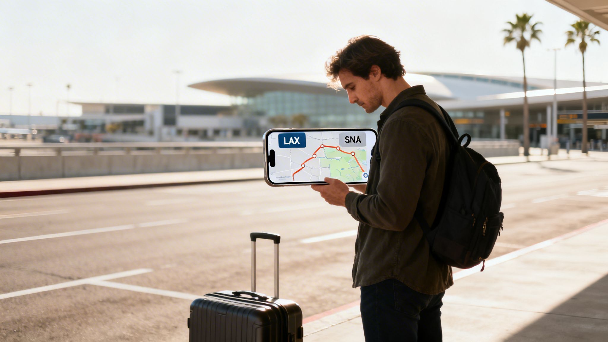 LAX to SNA: Compare All Your Travel Options 1 Rides On Time Man with backpack and suitcase at airport looking at a phone displaying LAX to SNA route.