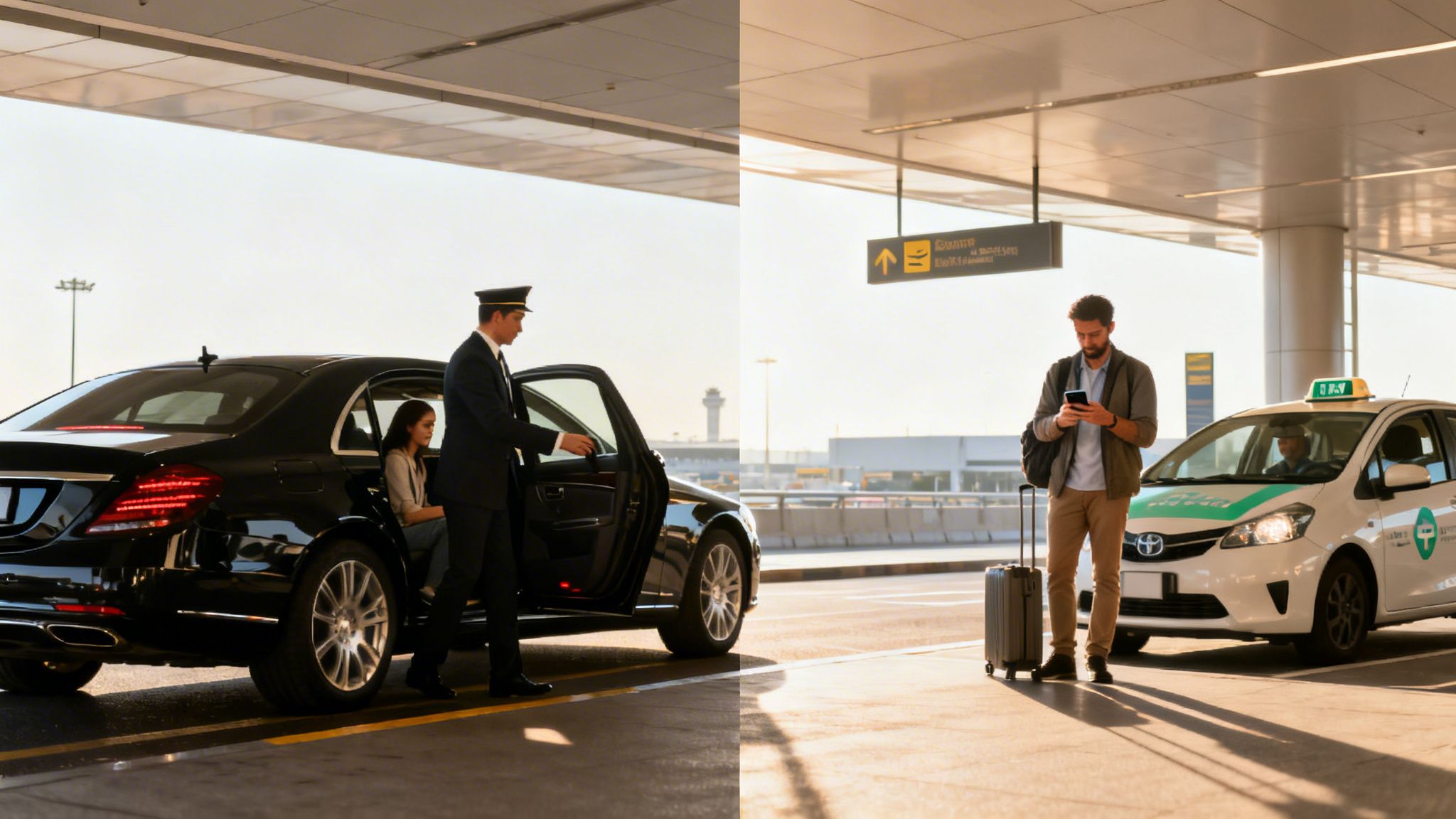 LAX to SNA: Compare All Your Travel Options 2 Rides On Time Left: Chauffeur assists passenger into luxury car. Right: Man with luggage stands near a taxi at an airport.