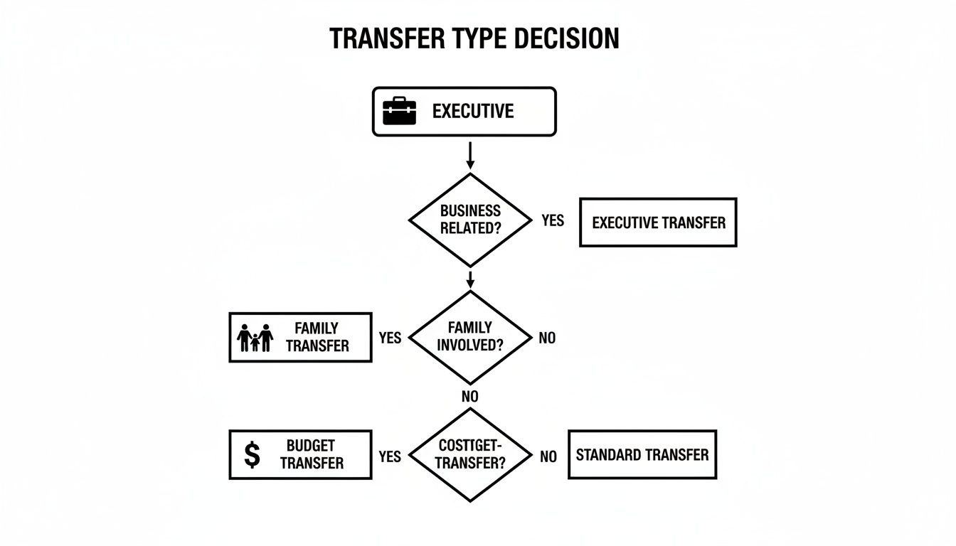 LAX to SNA: Compare All Your Travel Options 3 Rides On Time Flowchart for transfer type decision, detailing paths for executive, family, budget, and standard transfers.