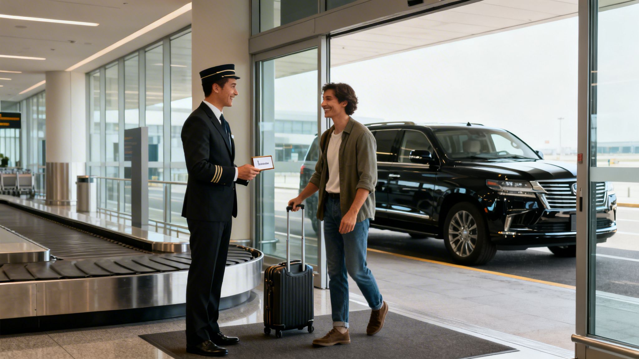 Los Angeles black car service for luxury transfers los angeles black car service 3 Rides On Time A uniformed chauffeur greets a traveler with luggage at an airport exit, near a black luxury car.