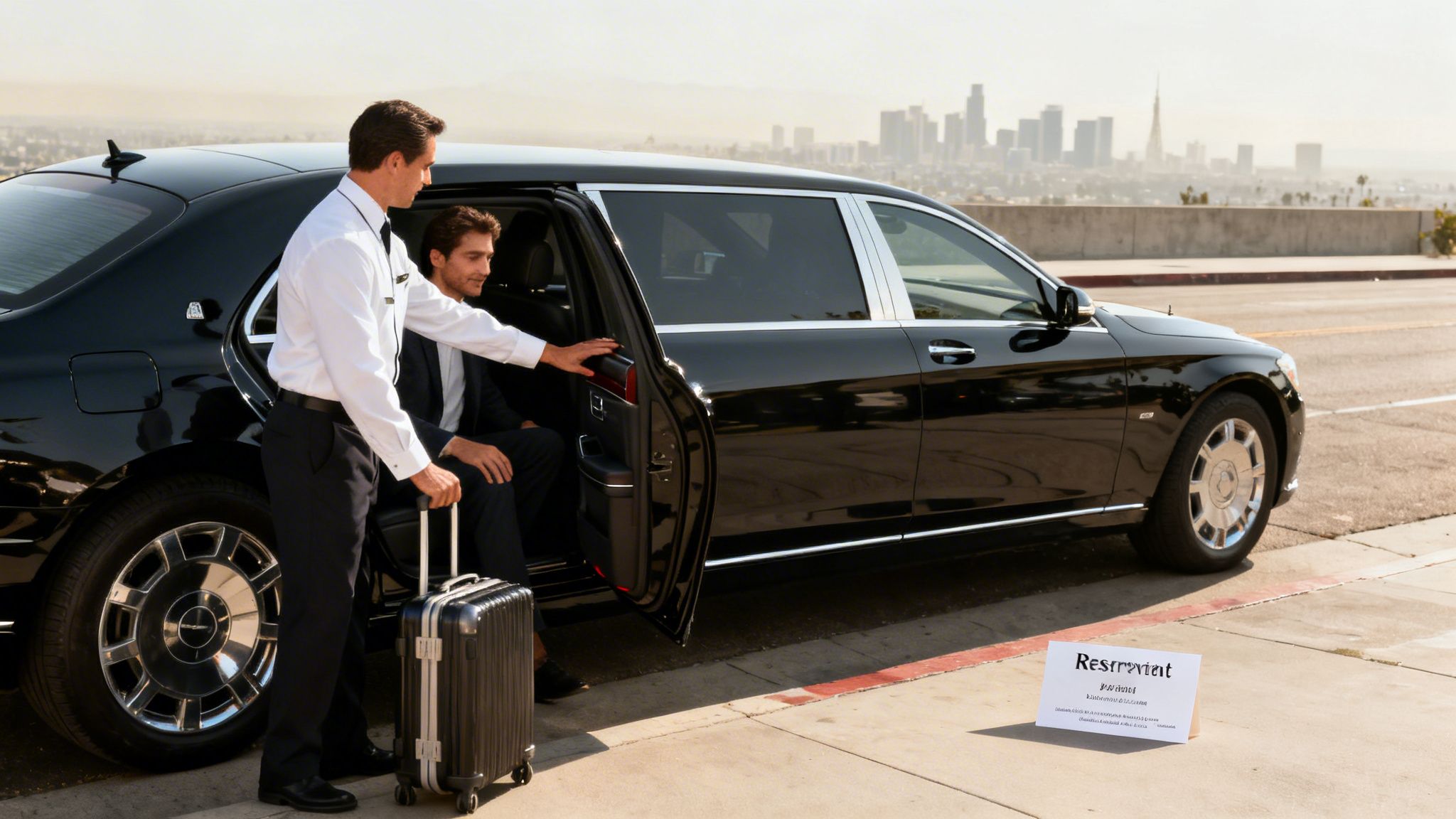 Los Angeles black car service for luxury transfers los angeles black car service 2 Rides On Time A chauffeur assists a businessman exiting a black luxury car in Los Angeles with a suitcase.