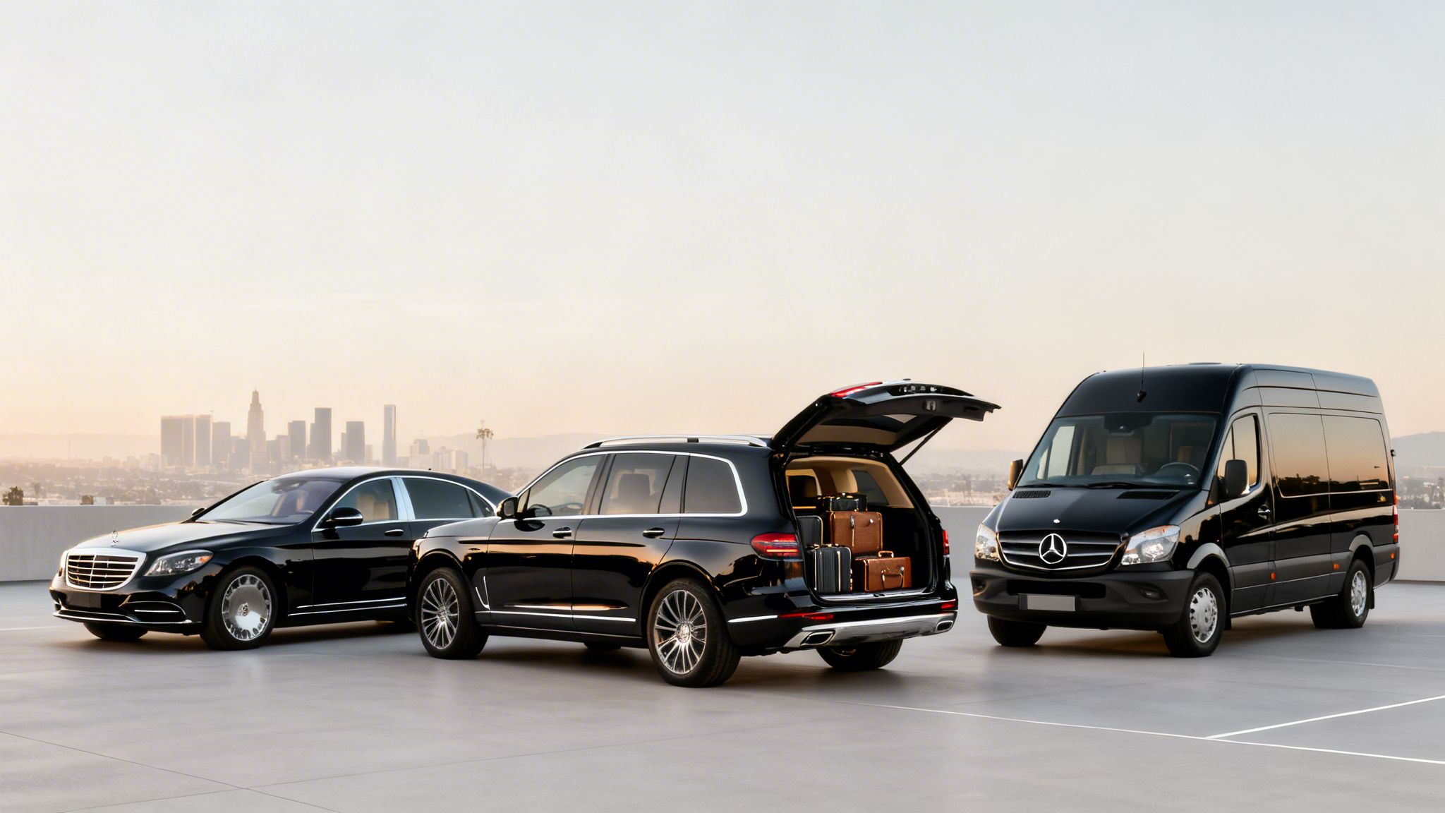 Los Angeles black car service for luxury transfers los angeles black car service 4 Rides On Time Three black luxury Mercedes-Benz vehicles, including a sedan, SUV with luggage, and a van, with the Los Angeles skyline at sunset.