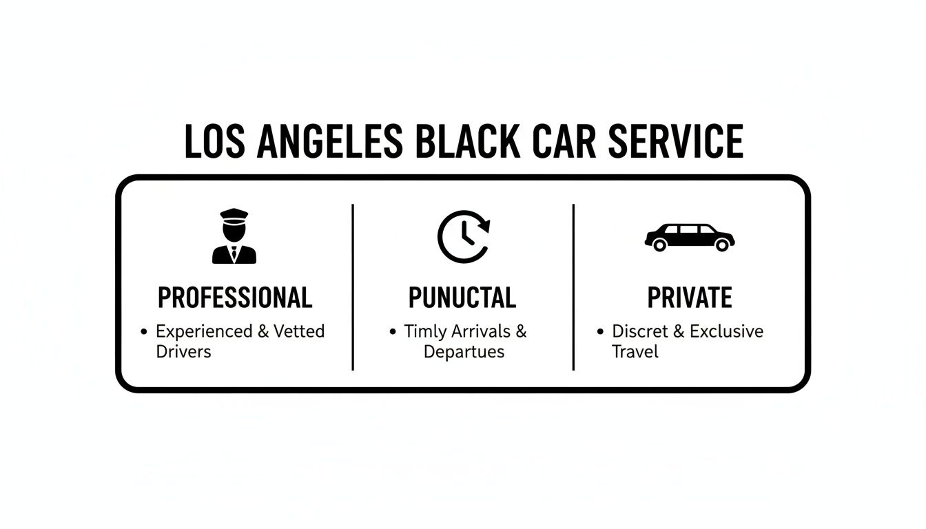 Los Angeles black car service for luxury transfers los angeles black car service 1 Rides On Time An infographic for Los Angeles Black Car Service highlighting professional, punctual, and private qualities.