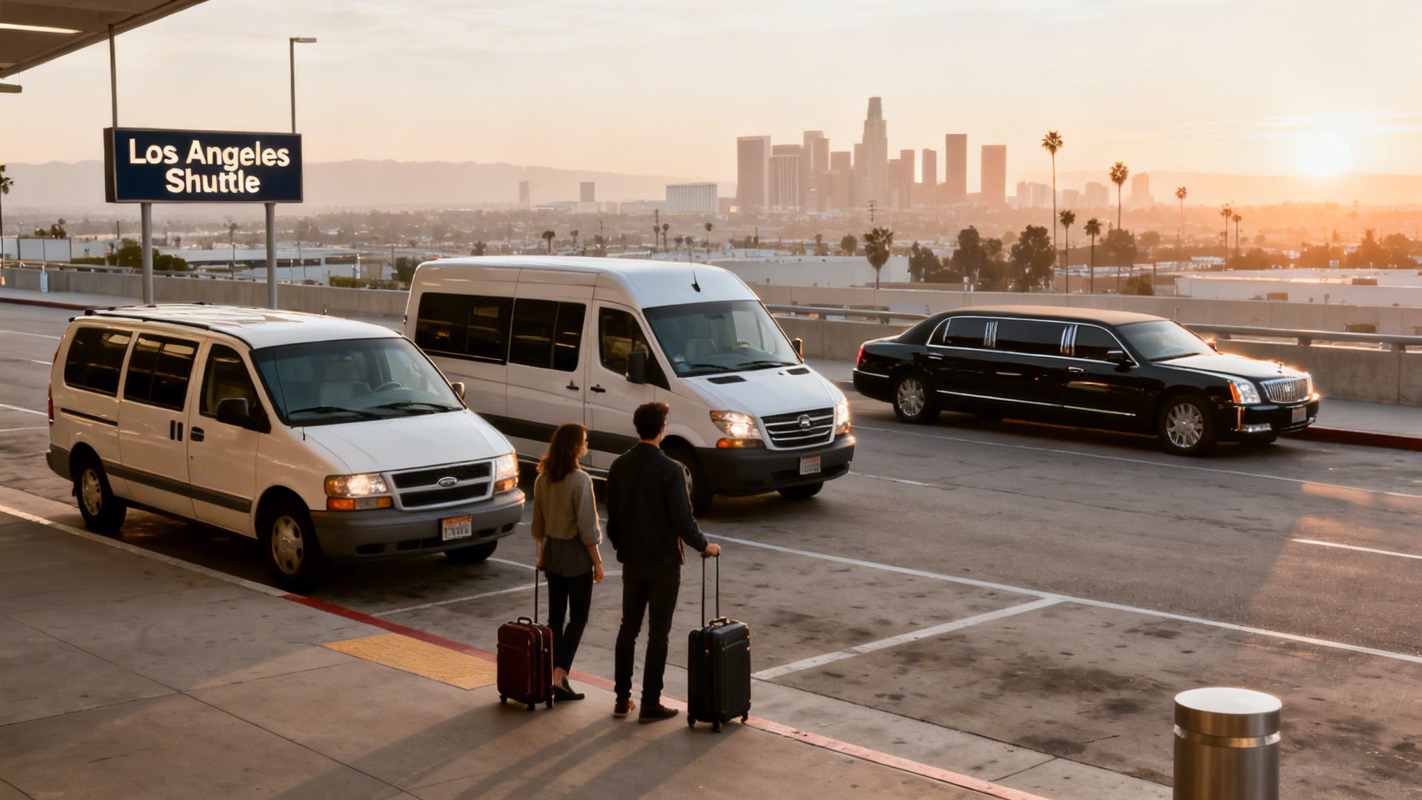 Two people with luggage wait for a Los Angeles shuttle at sunset with the city skyline.