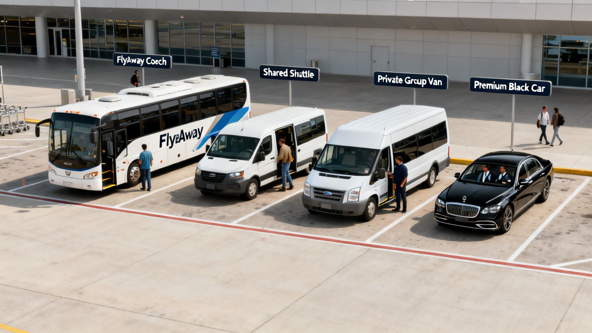 Four types of airport transfer services: a coach, shared and private shuttles, and a luxury black car.
