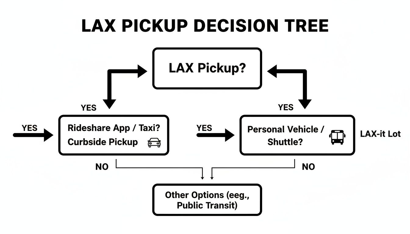 A LAX pickup decision tree showing options like rideshare, personal vehicle, or public transit.