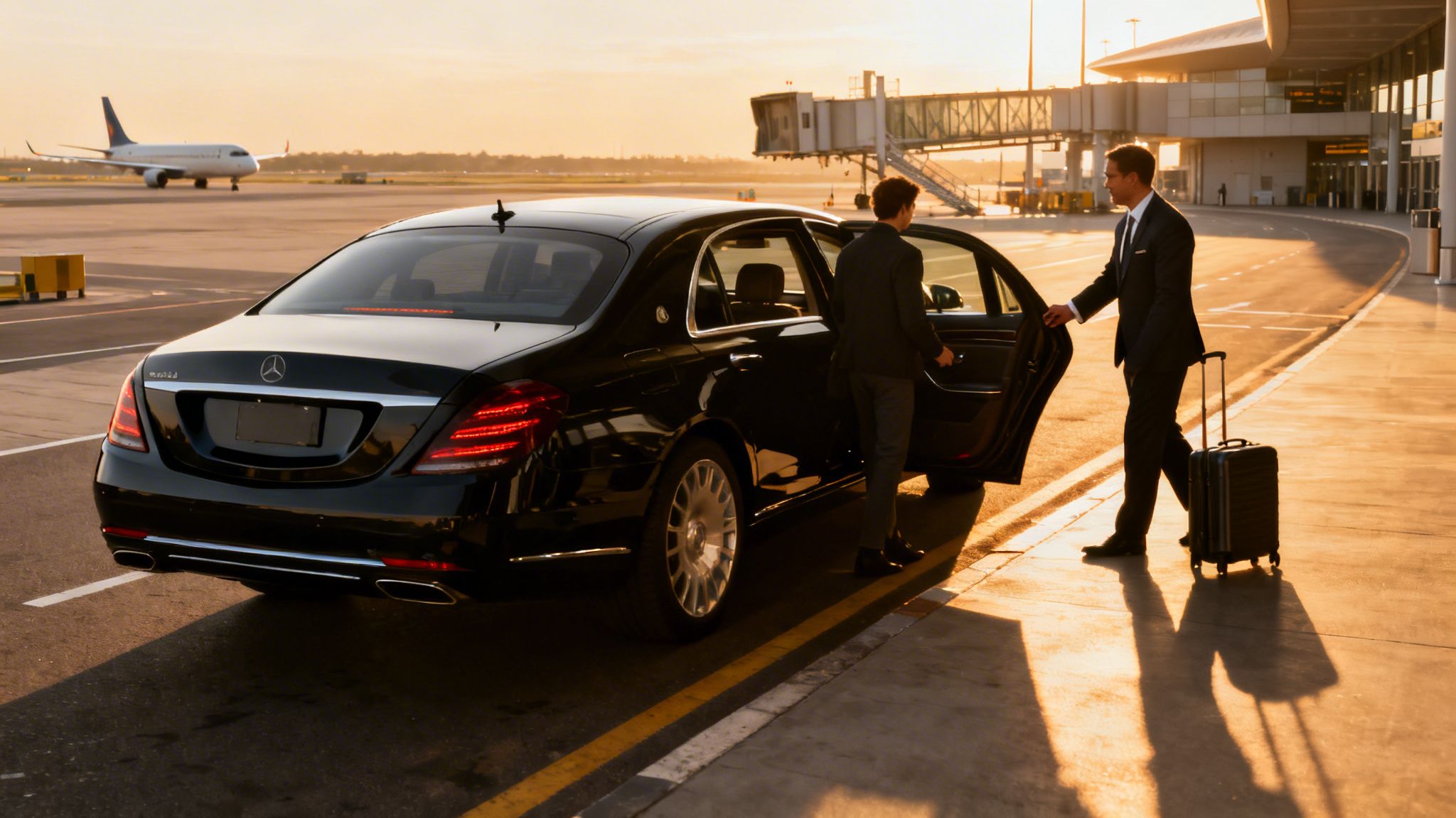 Chauffeur opening door for a passenger with luggage beside a luxury car at airport.