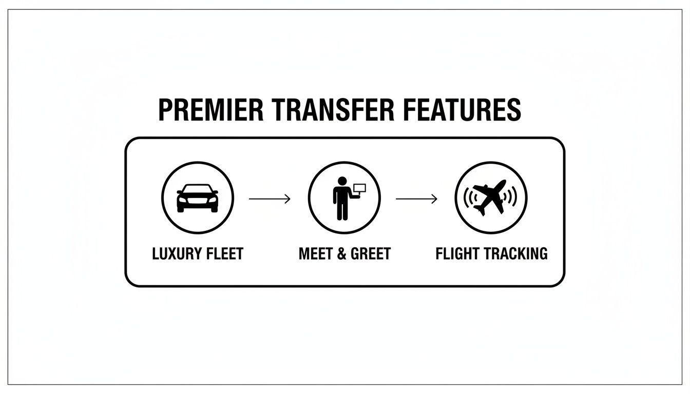 Infographic detailing premier transfer features: luxury fleet, meet and greet, and flight tracking services.