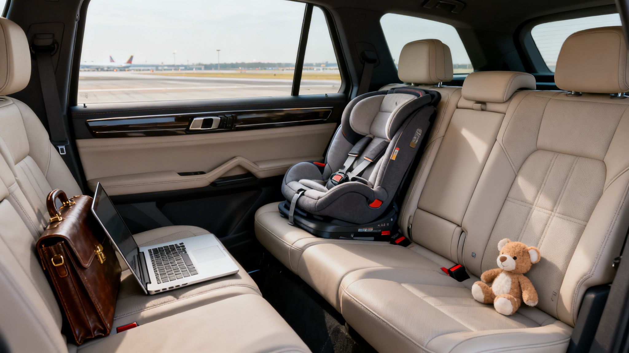 Interior of a luxury car with a child seat, laptop, briefcase, and teddy bear, at an airport.