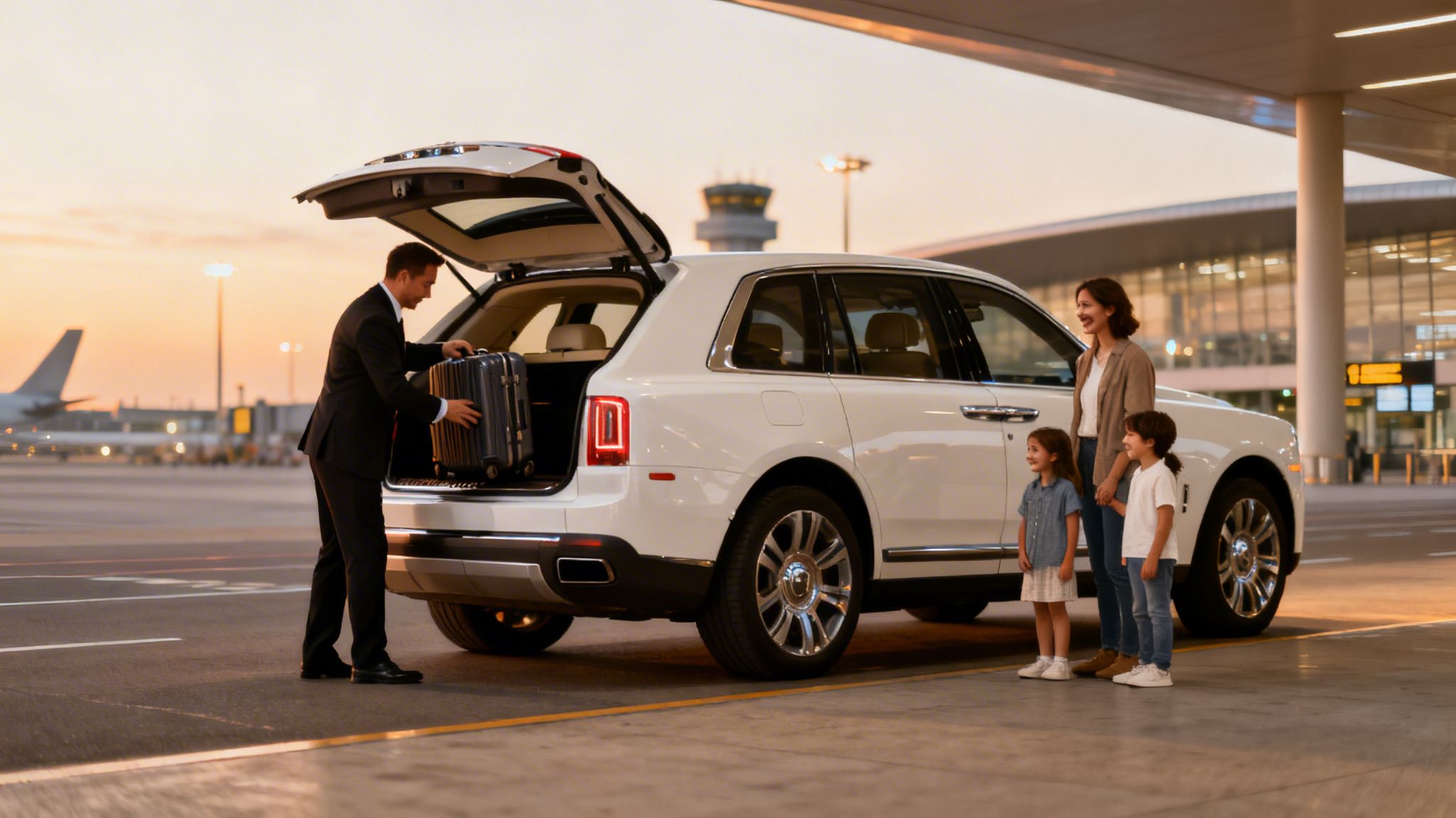 Chauffeur loading luggage into a luxury SUV for a family at an airport at sunset.