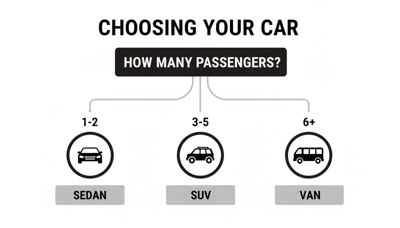 A flowchart for choosing a car type based on passenger count: Sedan (1-2), SUV (3-5), Van (6+).