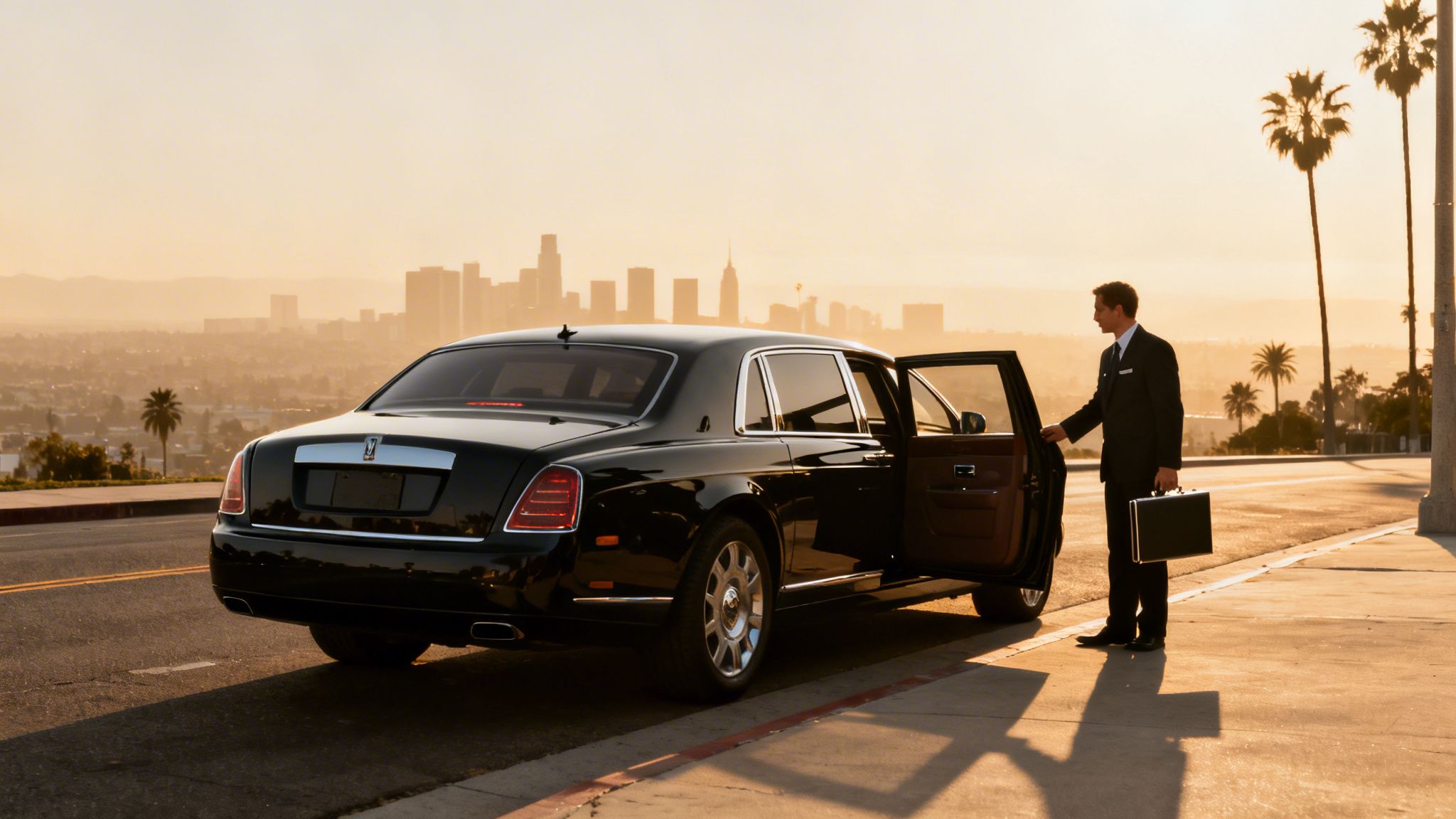 Luxury car service in Los Angeles with a chauffeur and city view at sunset.