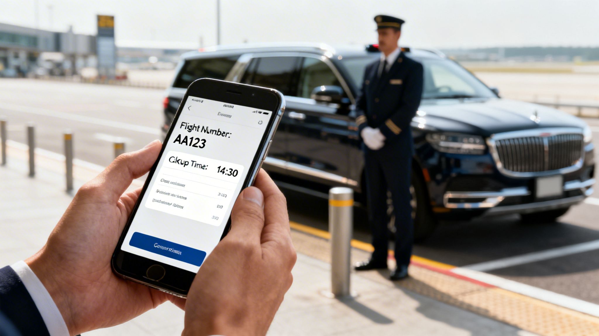 Person viewing flight information on a smartphone, with a chauffeur and luxury car at the airport.