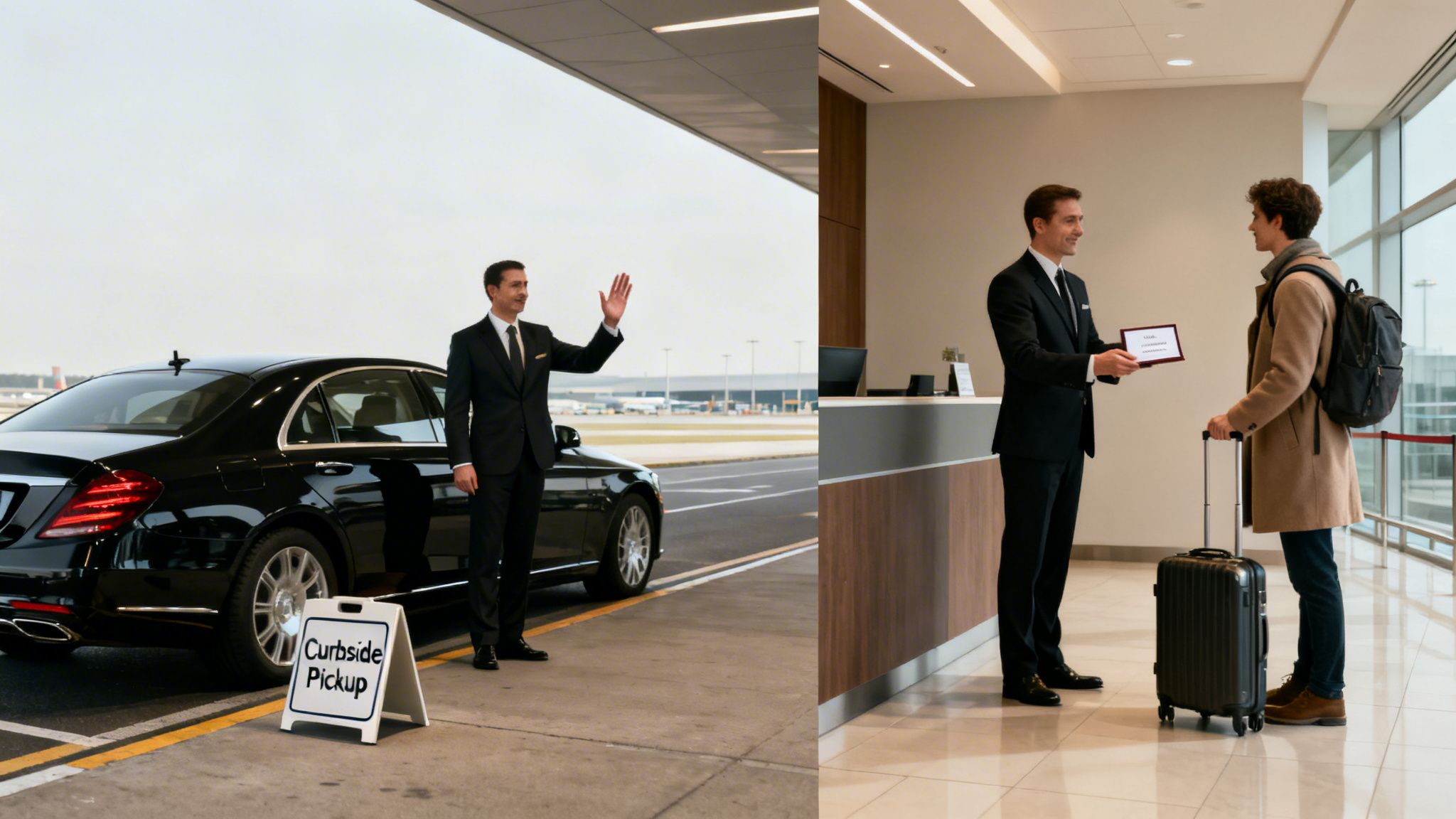 A concierge waves by a luxury car at curbside pickup, while another assists a traveler inside an airport.