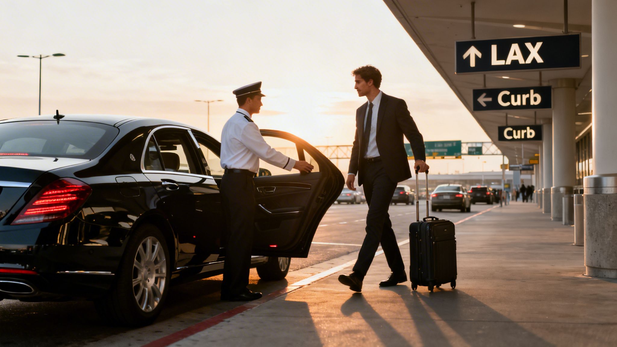 Chauffeur opening a black luxury car door for a businessman with a suitcase at an airport curb with LAX signs.