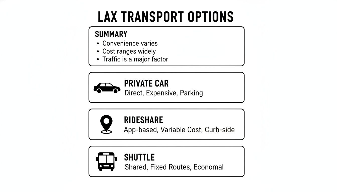 A black and white infographic titled 'LAX Transport Options' detailing summary, private car, rideshare, and shuttle services.