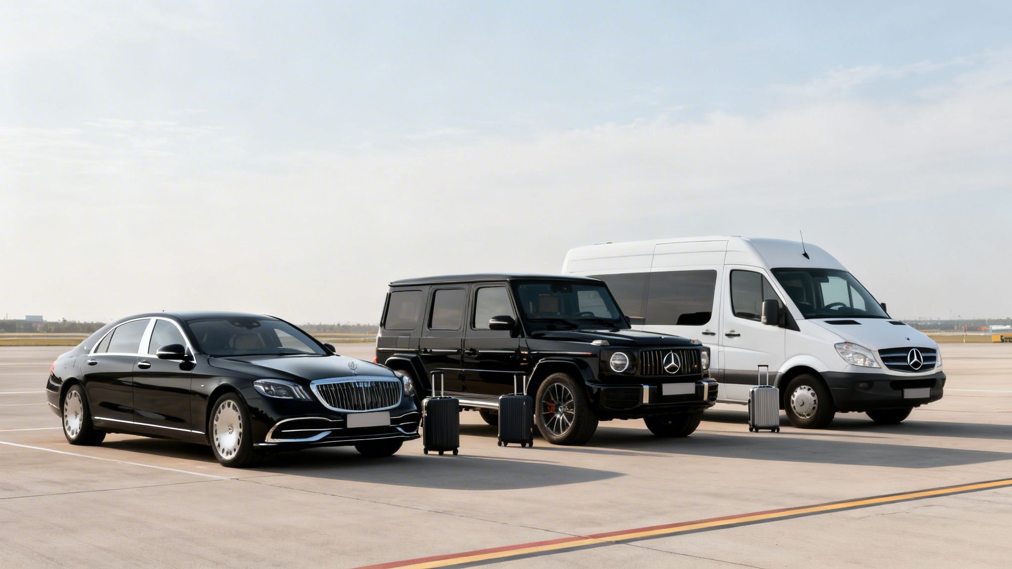 Three luxury Mercedes-Benz vehicles, a sedan, SUV, and van, parked on an airport tarmac with luggage.