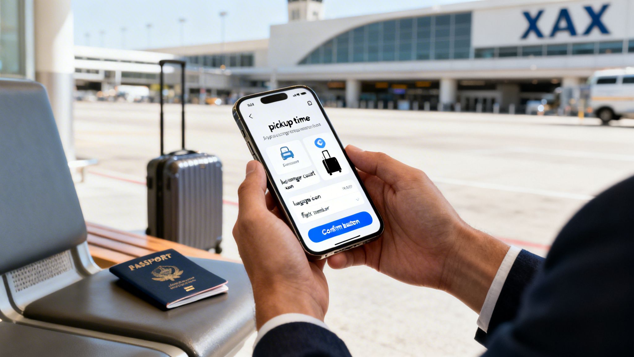 Hands hold a smartphone displaying an airport pickup app, with a passport and luggage nearby.