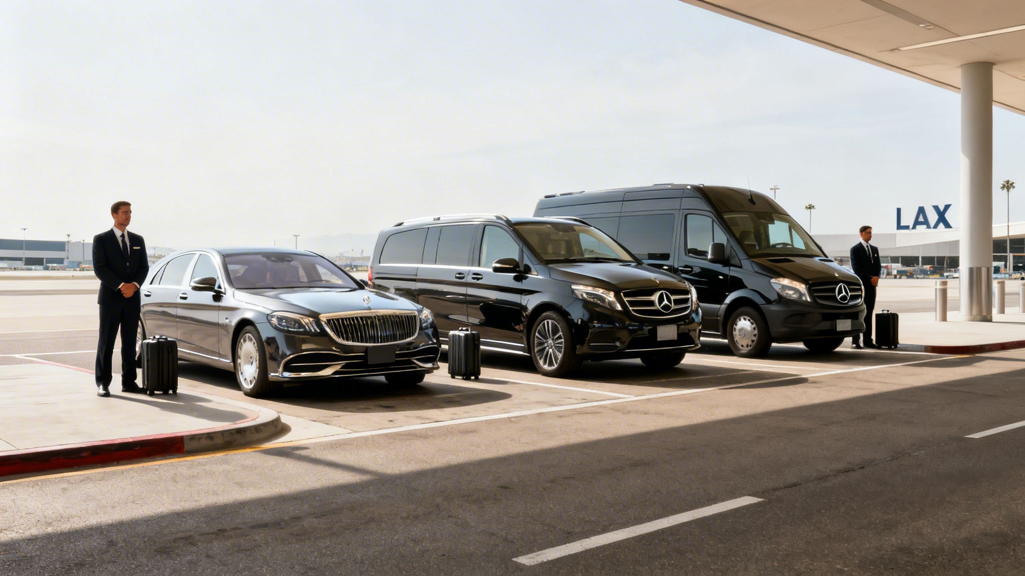 Two chauffeurs with luxury black Mercedes vehicles and luggage awaiting clients at LAX airport.