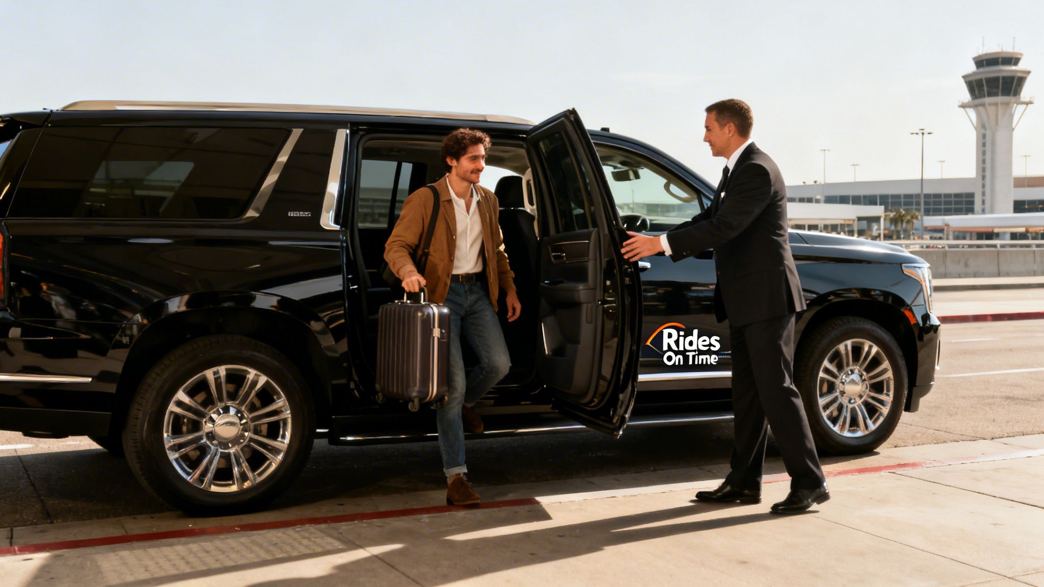 A uniformed chauffeur helps a man with a suitcase exit a black luxury SUV at the airport.