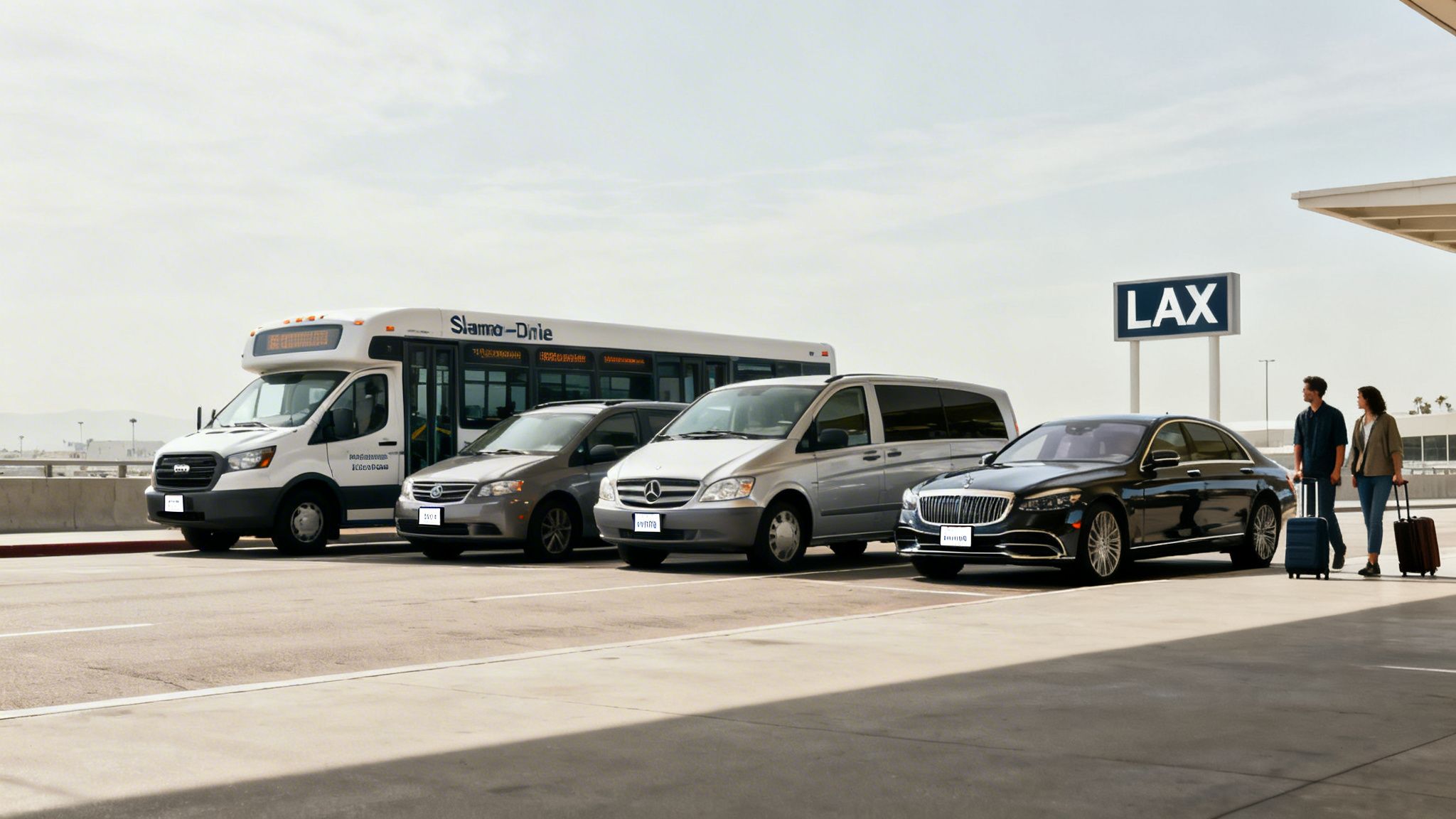 Various shuttle vehicles, including a bus and cars, at LAX airport with passengers and luggage.