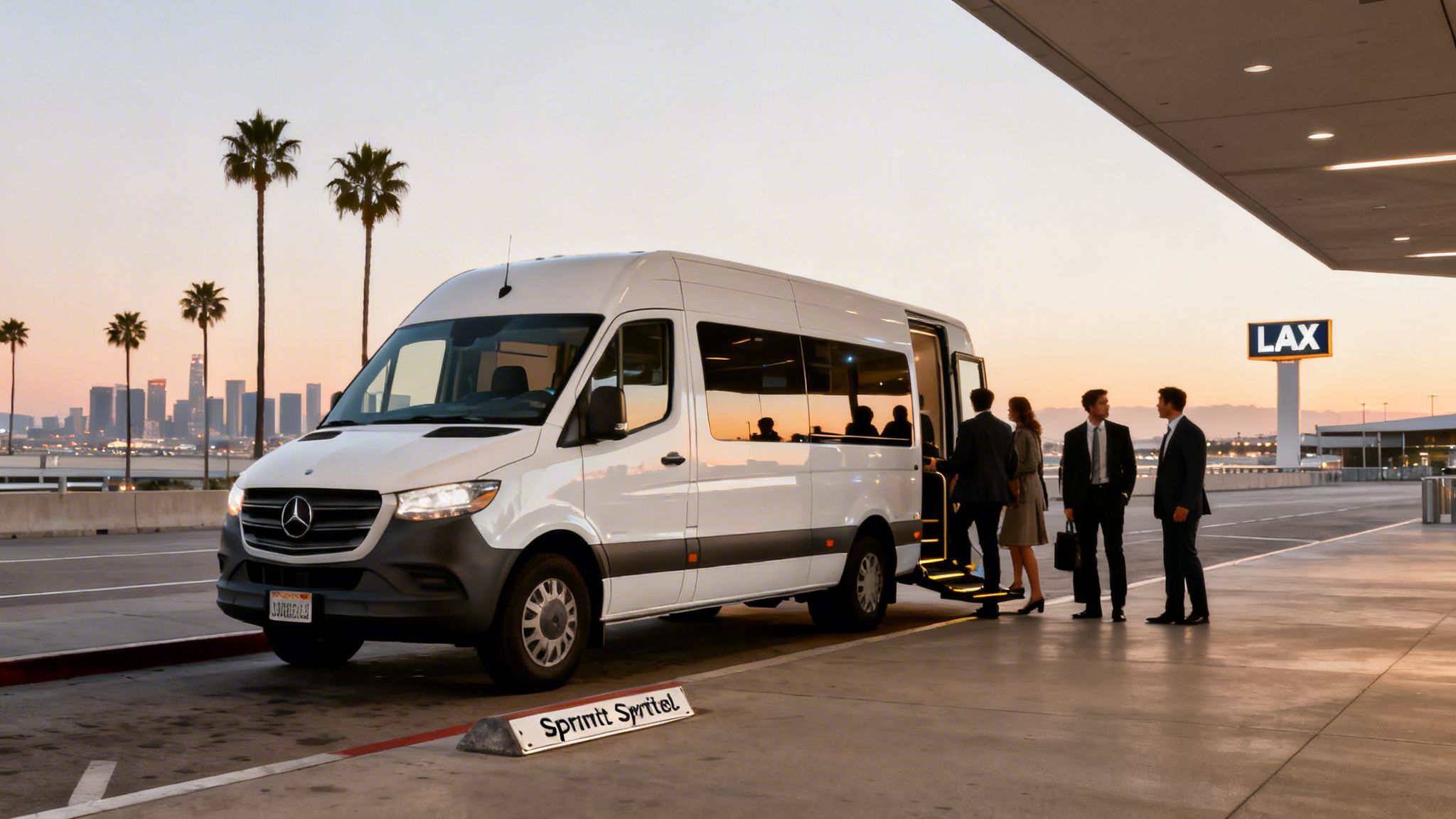 A white Mercedes-Benz Sprinter van at LAX airport with business travelers boarding at sunset.