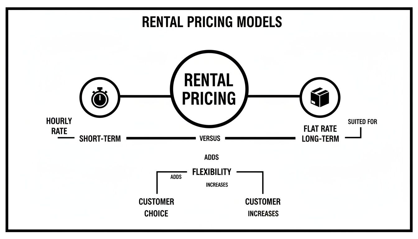 Diagram illustrating rental pricing models, comparing hourly and flat rates, and their benefits.