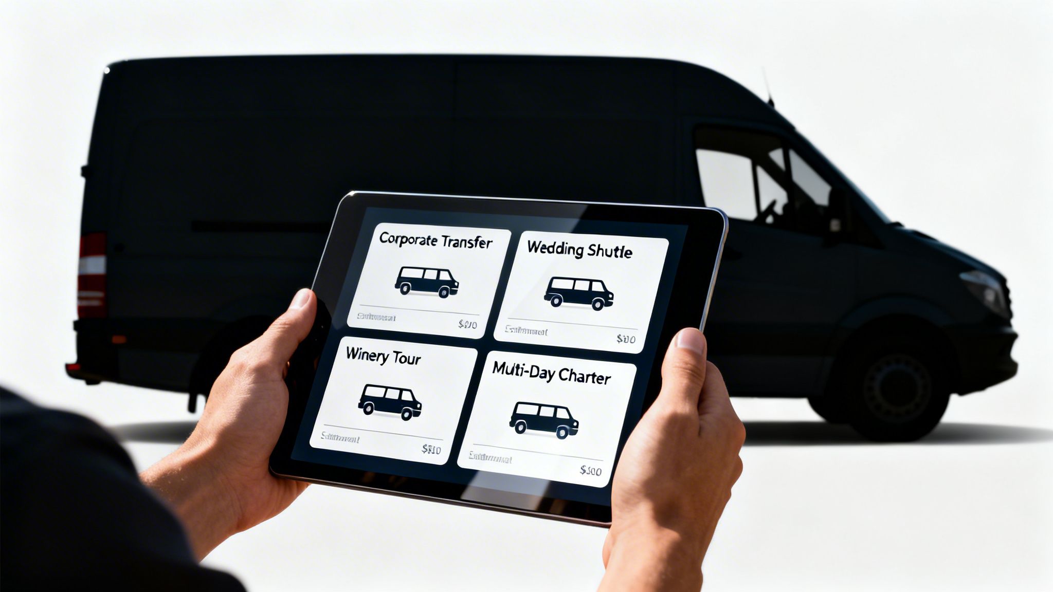 Person holding a tablet displaying various van rental and charter services with a dark sprinter van in the background.