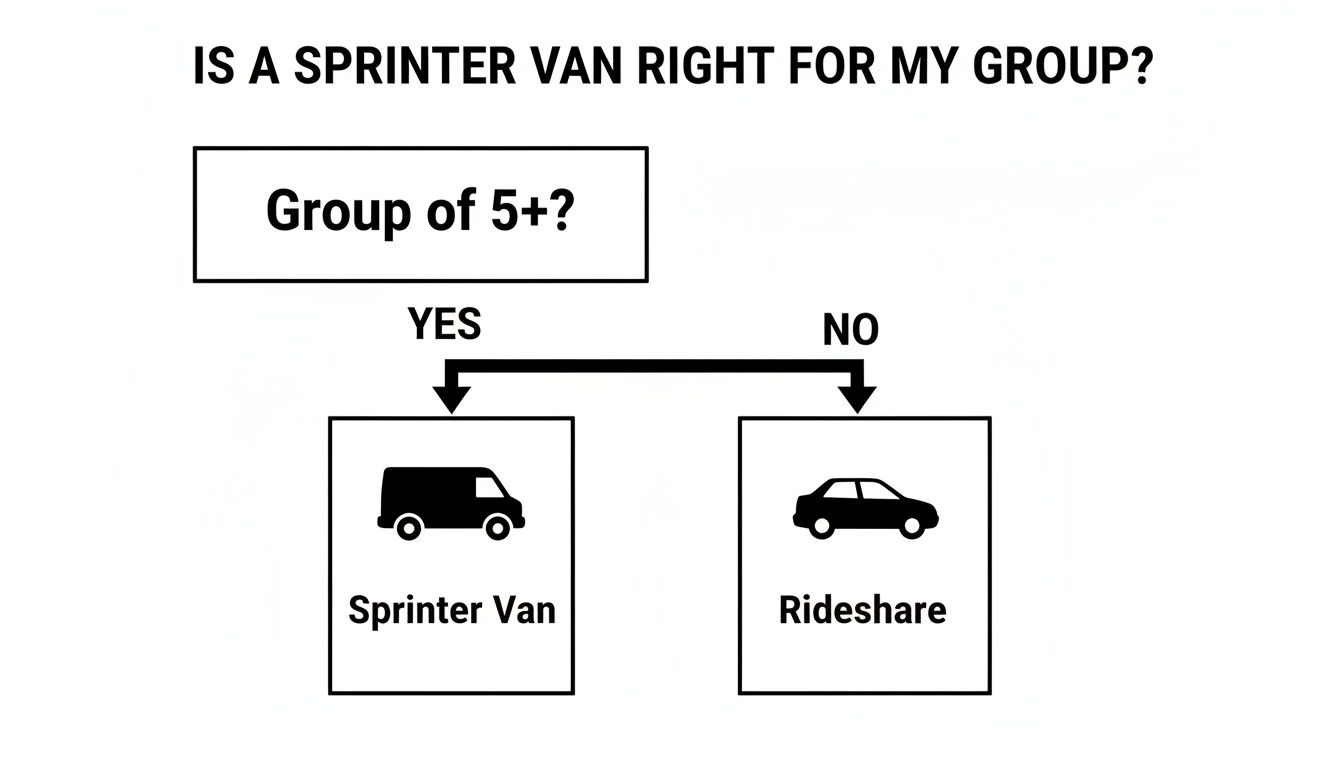 Your Guide to Sprinter Van Rentals San Diego 1 Rides On Time A simple flowchart helps determine if a Sprinter van or rideshare is right for your group size.
