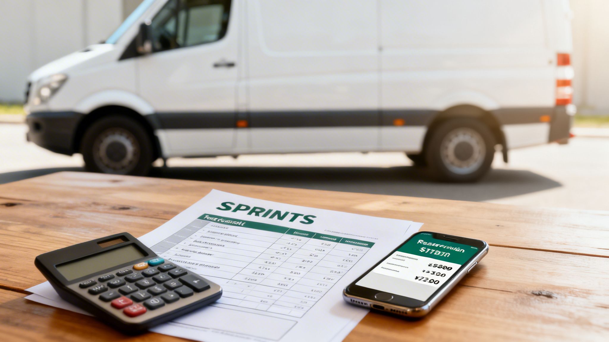 Your Guide to Sprinter Van Rentals San Diego 2 Rides On Time A calculator, smartphone, and financial document on a wooden table, with a white delivery van in the background.