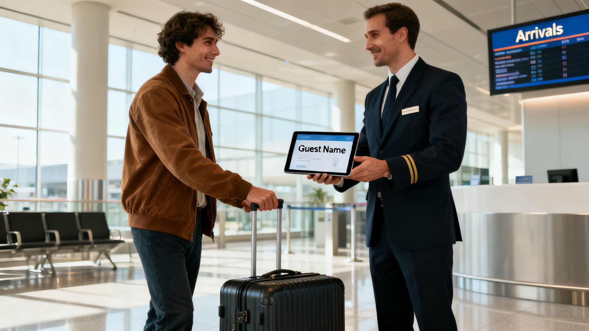A pilot greets a smiling guest with a suitcase in an airport terminal, holding a tablet.