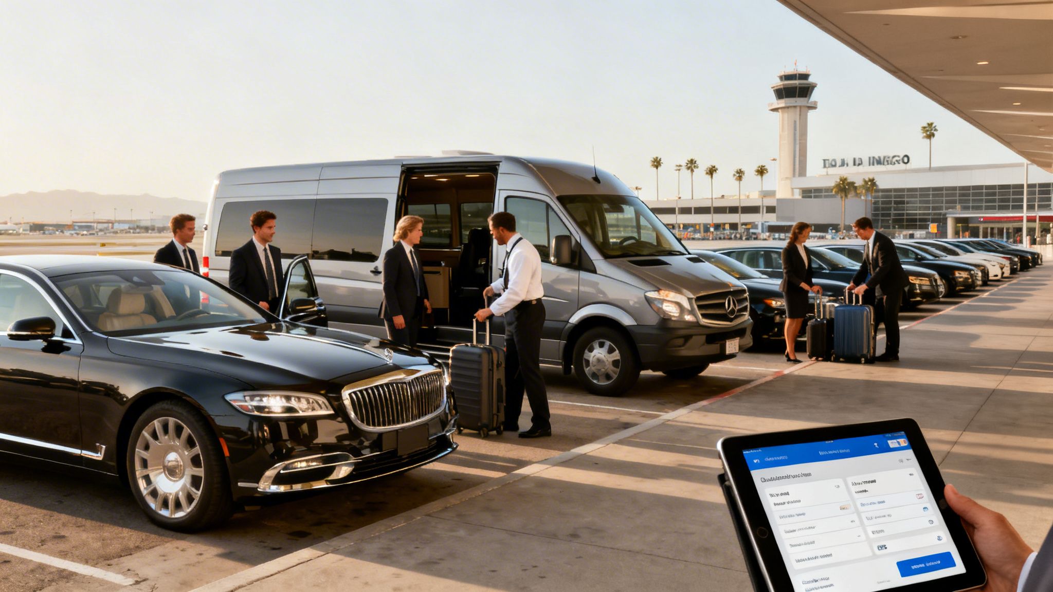Business travelers with luggage getting into luxury cars and a van at an airport, with a tablet showing a booking app.