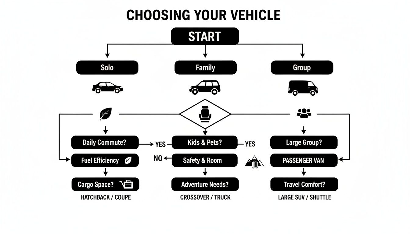 Flowchart titled 'Choosing Your Vehicle' guides selection based on group size, daily use, and needs.