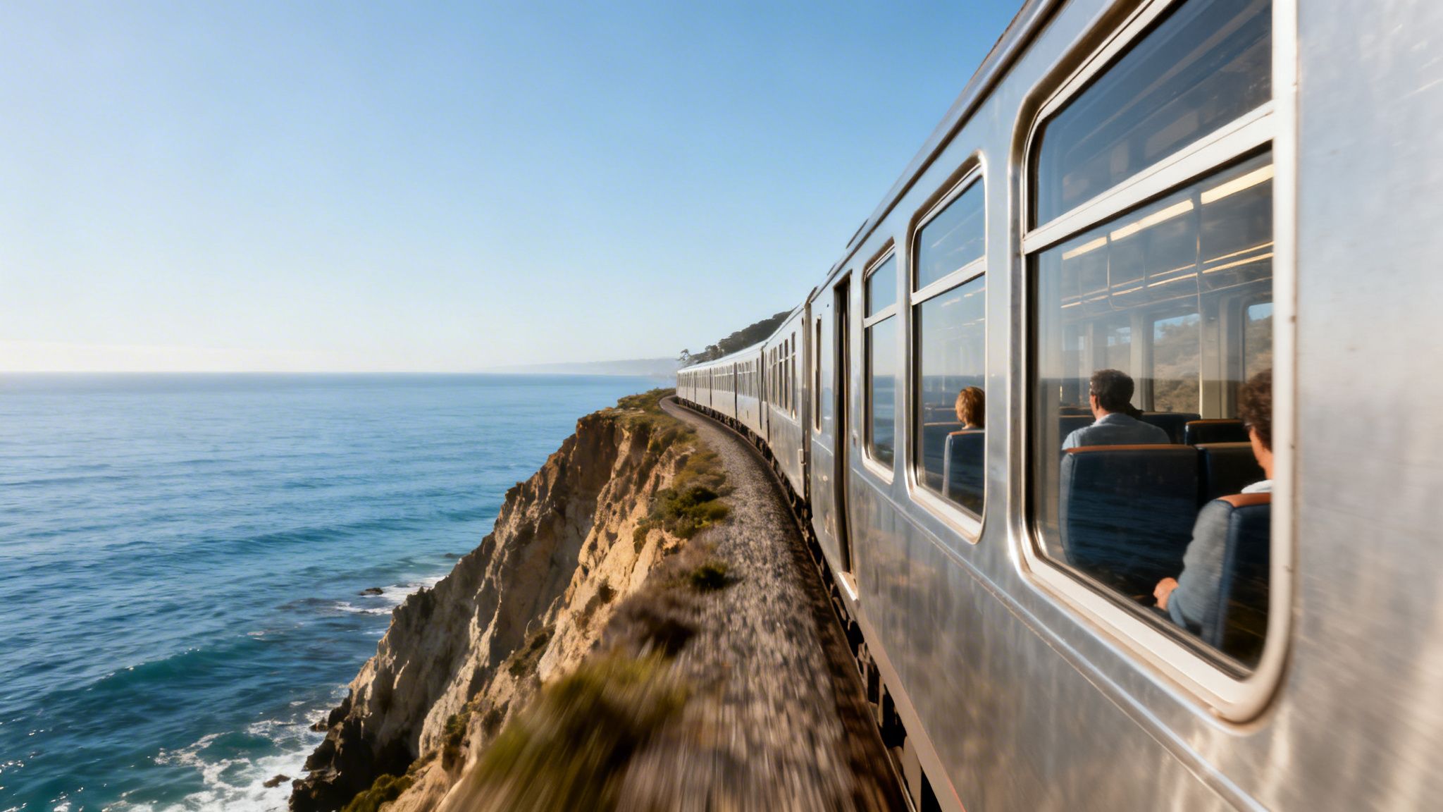 A scenic train journey along a winding coastal cliff overlooking the vast blue ocean.