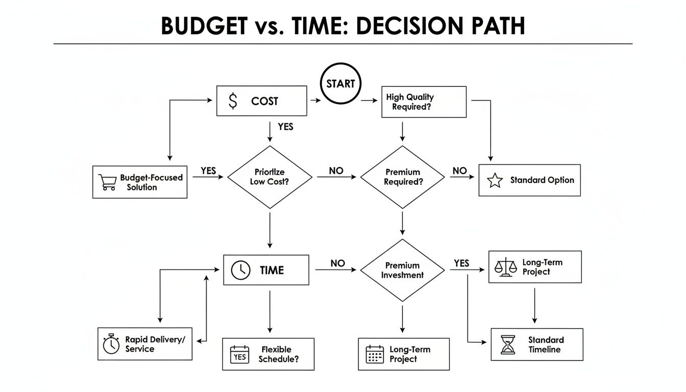 A flowchart titled 'Budget vs. Time: Decision Path' outlining project choices based on cost and time factors.