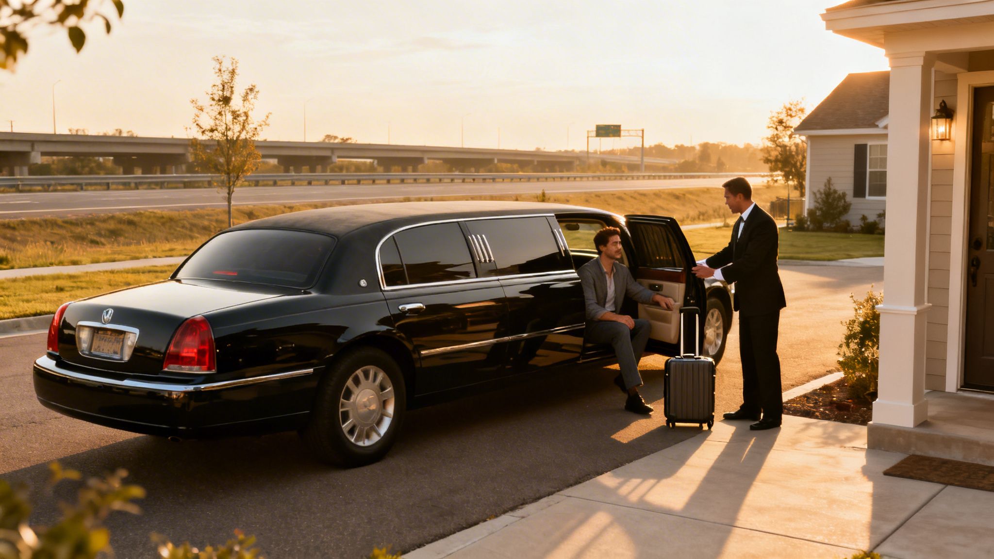 A chauffeur helps a man exit a luxury black limousine in front of a house.